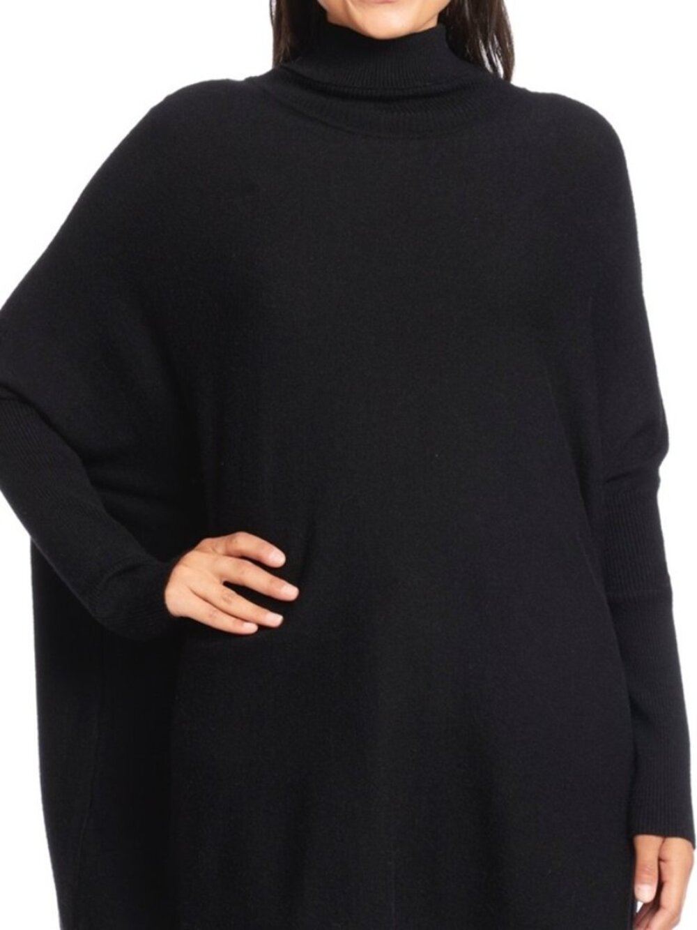 Joan Vass Black Knit Poncho Sweater Turtleneck Fringe Hem Oversized L/XL